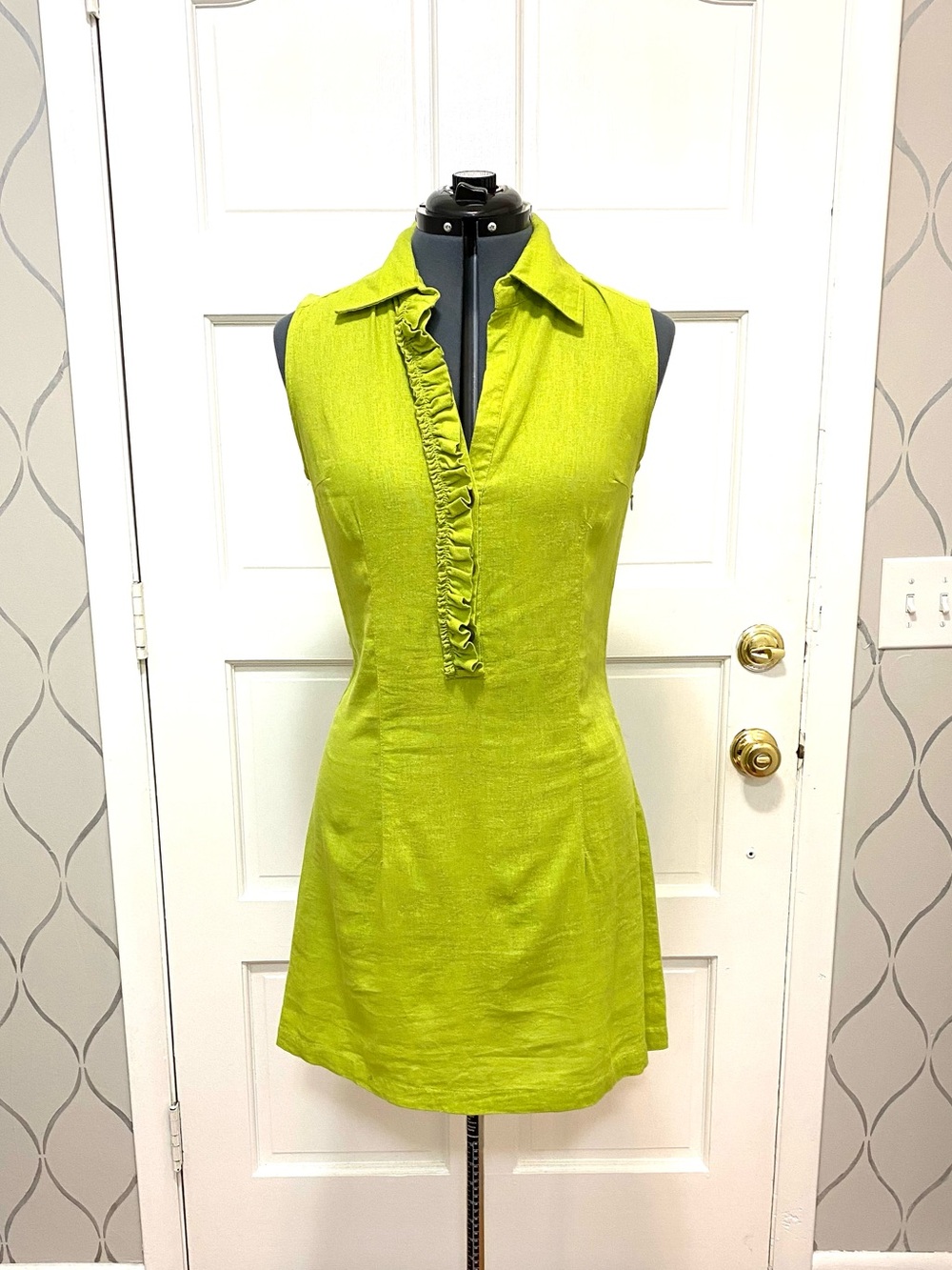 MG Originals Lime Green Linen Blend Shift Dress Ruffle Sleeveless M #11